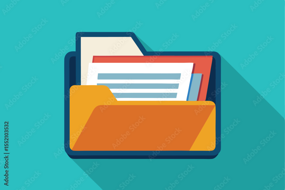Poster stylized open folder icon displaying neatly arranged documents in a flat design, perfect for showcas