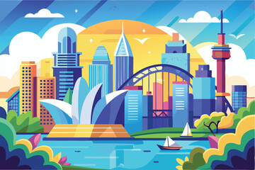 Naklejka premium Sydney city landmarks illustration featuring the Opera House, Harbour Bridge, and skyline in a vibrant artistic style during sunset