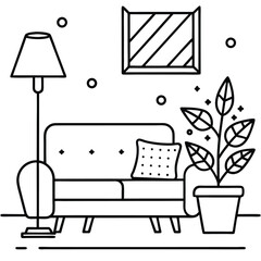 Cozy living room scene with sofa floor lamp potted plant and wall art in a simple line drawing style