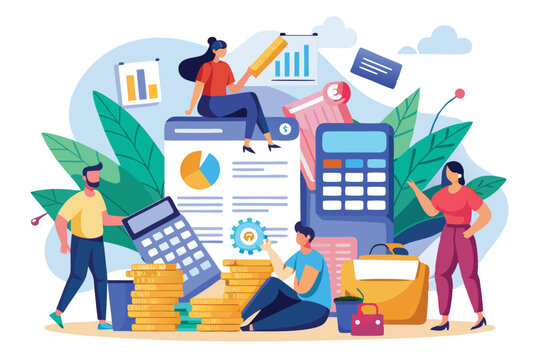 People engaged in budget bookkeeping with financial documents, graphics, and tools in a creative workspace setting during daytime