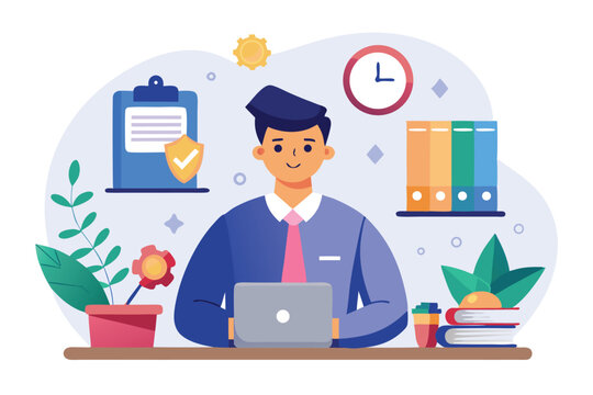 Employee probation vector illustration showing a professional working at a desk with a laptop, surrounded by plants, books, and clock, representing productivity and assessment in the workplace