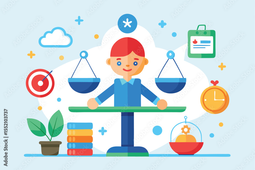 Poster working setup vector illustration featuring a balanced environment with a character managing tasks i