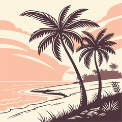 Vintage Tropical Beach Landscape – Palm Trees and Sunset Coastline Vector