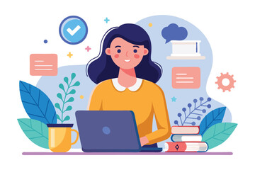 Woman using laptop for online education or remote work in a cozy workspace filled with books and plants, inspired by a productive learning environment
