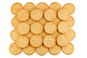 Round salted cracker cookies isolated on white background. Snacks. Beer snack. Close-up