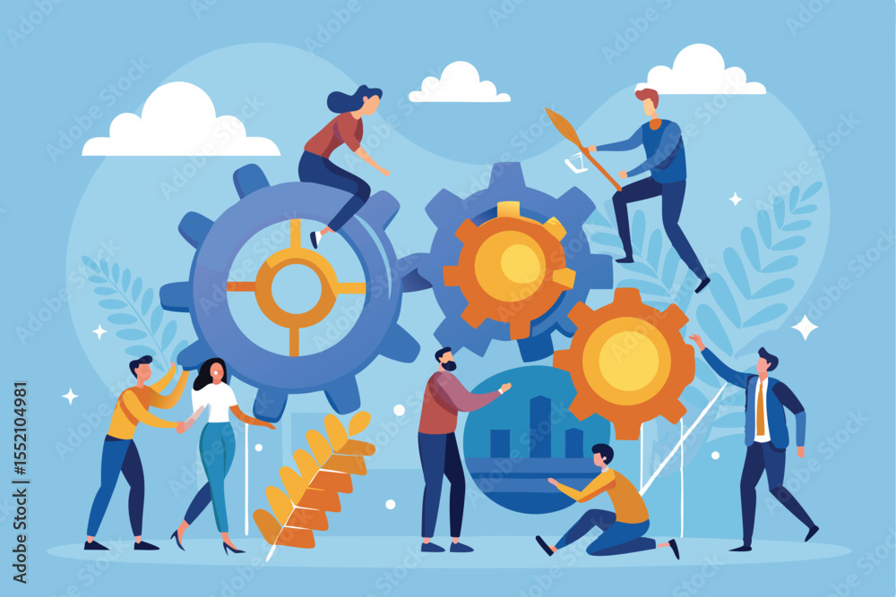 Poster building a successful teamwork system through collaboration and innovation with interconnected cogs