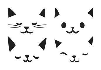 Minimalist Cat Faces Vector – Cute Black and White Kitty Expressions Icon Set