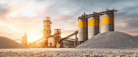 The industrial landscape featuring a cement factory and silos at sunset.