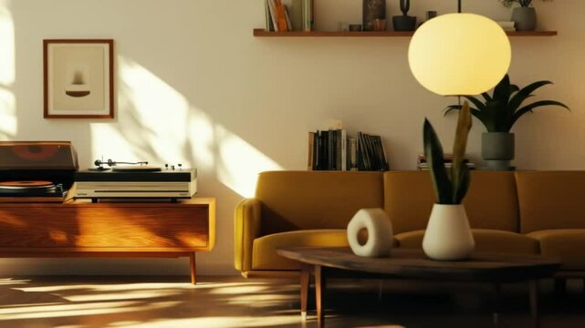 Cozy living room setup with vintage record players and mid-century modern furniture