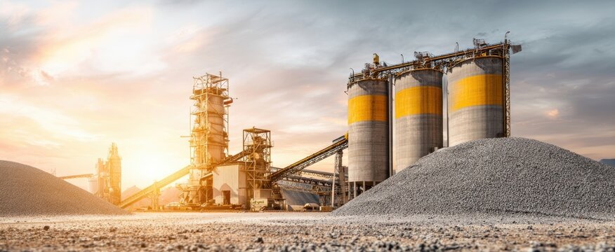 The industrial landscape featuring a cement factory and silos at sunset.