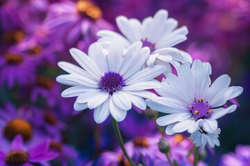 Close-up of white osteospermum flowers with purple centers in a field of purple flowers