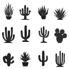 Fototapeta premium Silhouette Cactus and Succulent Icons Set – Black Potted Plant Vector Collection