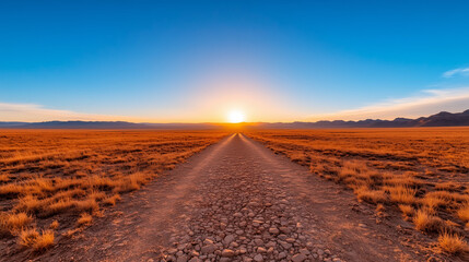mud road in the dry field. Sunrise over desert trail with distant mountain horizon. Rocky road through golden plains at morning light.