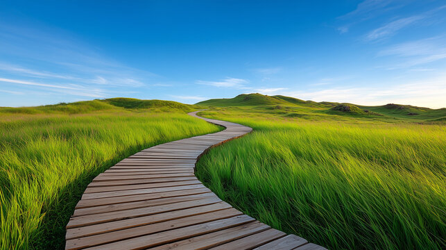 Winding wooden path through green hills under clear blue sky. wooden path in the field. Peaceful nature trail with wooden walkway in lush green field