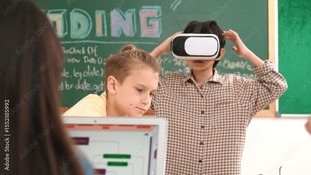 Poster energetic child wearing vr headset while enter virtual world at classroom. student programing system
