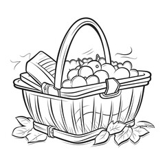 Picnic Basket Illustration with Food and Fruits – Hand Drawn Black and White Outdoor Sketch