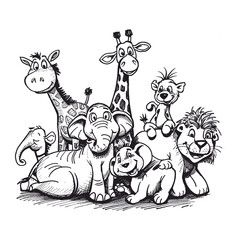 Cute Hand Drawn Safari Animals – Cartoon Style Lion, Elephant, Giraffe, Monkey & More