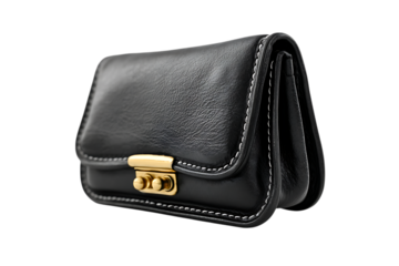 Elegant black leather handbag with gold clasp.