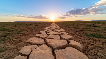 mud road in the dry field. Sunrise over desert trail with distant mountain horizon. Rocky road through golden plains at morning light.