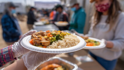 Close-up of a paper plate filled with generous servings of rice, vegetables, and chicken, handed over by a smiling volunteer wearing gloves, with more people waiting in line behind a donation table.