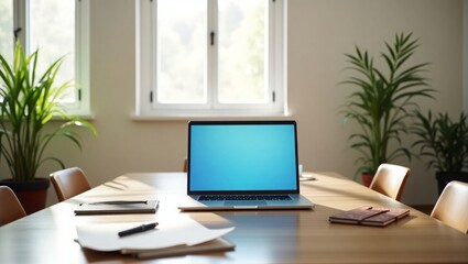 Light Wood Table Laptop Blue Screen Notebooks Plants Office
