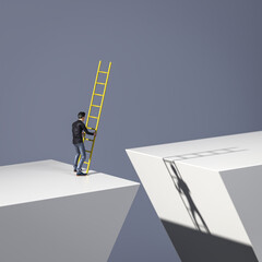 A man standing at a gap and trying to bridge it with  a ladder. Concept for taking risks, courage, the way forward, finding solutions. © Andreas Prott