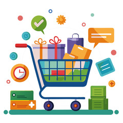 lat design illustration of a shopping cart with gift boxes, chat bubbles, and digital commerce icons.