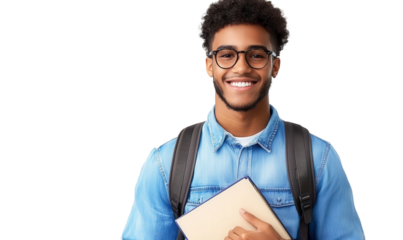 Young man smiling confidently while holding a book wearing glasses and a denim jacket with a backpack on his shoulders isolated on a bright background