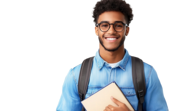 Young man smiling confidently while holding a book wearing glasses and a denim jacket with a backpack on his shoulders isolated on a bright background