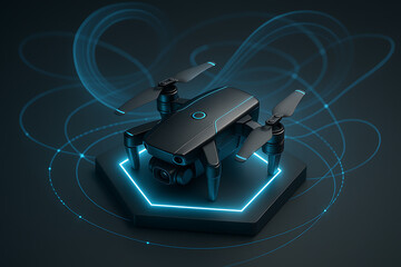 Futuristic compact drone with glowing interface and propellers resting on illuminated hexagonal launch pad representing advanced flight technology navigation and smart aerial innovation system