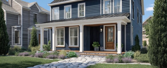 The modern blue house with inviting porch and beautiful landscaping.