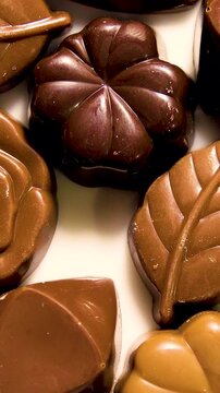 Top view of various kind of dark brown chocolate pieces on plate.
