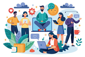 Diverse group engaging in online therapy illustrating various aspects of mental health support and communication in a vibrant and uplifting digital environment