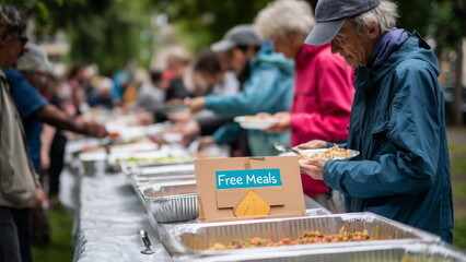 A community food table set up in a park, lined with trays of hot meals and volunteers serving free food to a diverse group of people, with handwritten signs saying "Free Meals" .