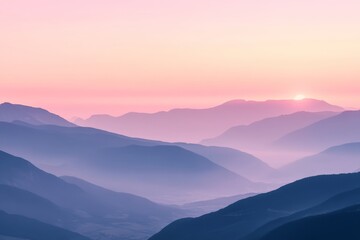 Serene minimalist mountain landscape at dawn with gentle pink and purple tones in the sky