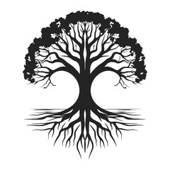 Tree of Life Silhouette with Roots and Branches Vector Illustration