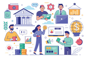 Hand drawn illustrations depicting online banking and finance activities including payments, transactions, and customer interactions in diverse settings
