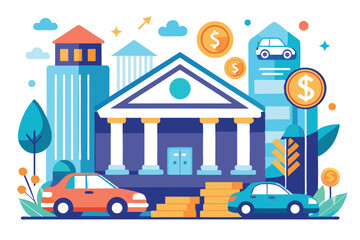 Obraz premium Business bank building symbolizes loan interest rates and financial services available for car purchases, emphasizing investment opportunities and economic growth