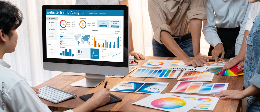 Aufkleber Computer software for website traffic analytics data on computer screen. Concept of SEO search engine optimization and customer targeting for online business brisk