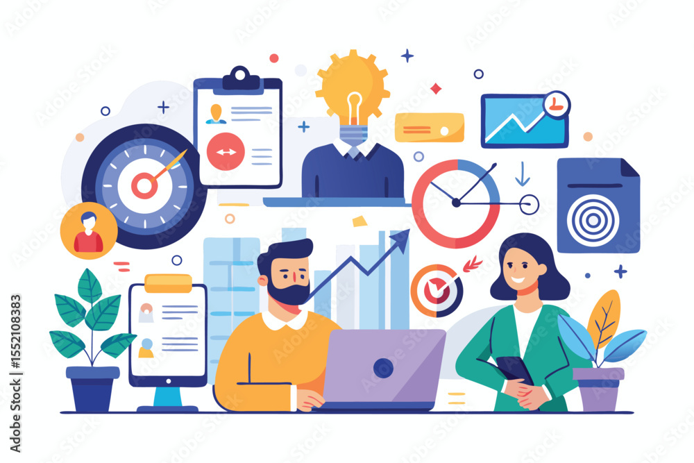 Poster collaborating on business planning with workflow strategies and time management techniques in a mode