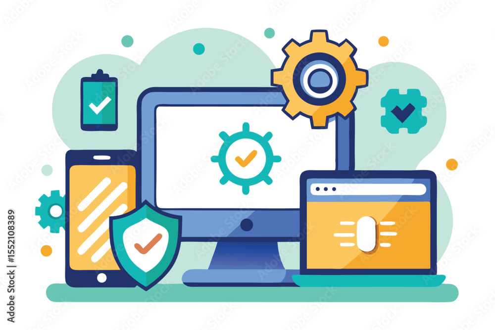 Aufkleber digital devices display tools for online security and system optimization in a modern workspace setu
