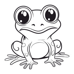 Cute Cartoon Frog Sitting in Pond Line Art Vector Illustration