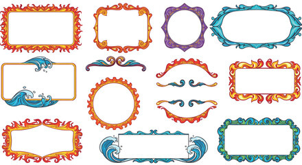 Obraz premium Vibrant decorative frames with fire, water, and ornamental motifs for creative design projects vector illustration