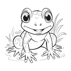 Cute Cartoon Frog Sitting in Pond Line Art Vector Illustration