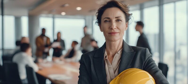 The confident businesswoman with a construction helmet in a modern office setting. - Powered by Adobe