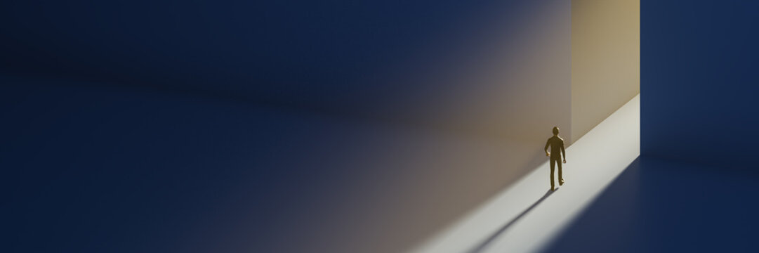 A man walking to a gap in the wall with light spilling out. Concept for positivity, getting out of a depression, the way forward. Web banner format