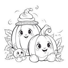 Cute Smiling Pumpkin Group Line Art for Coloring Book or Autumn Design