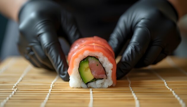 Sushi Chef’s Hands Preparing Fresh Roll