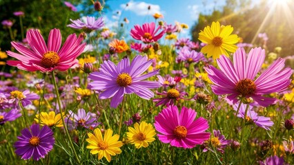 field of flowers with sunlight 