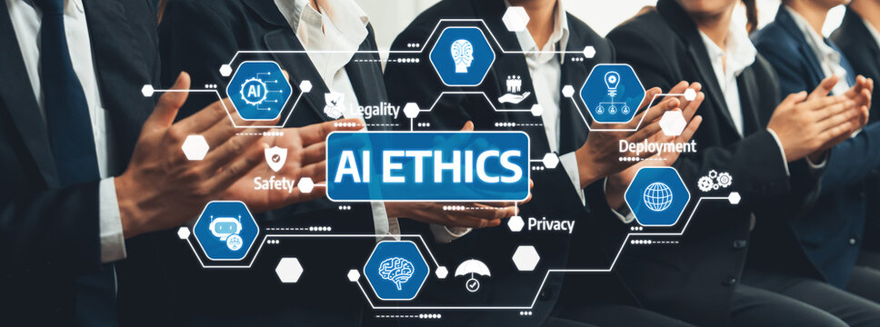A group of business professionals engaged in a discussion on AI ethics, emphasizing the importance of safety, privacy, and legality in today tech-driven landscape. Amity